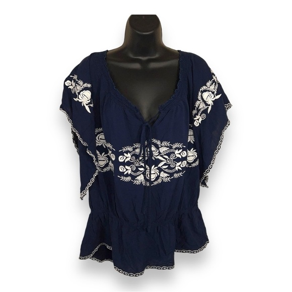LARGE CECILO DARK BLUE AND WHITE EMBROIDERED BOHO VNECK BOHEMIAN FLORAL - Picture 1 of 12